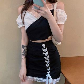 Color-block Off-shoulder Crop Top / Tie-back Skirt