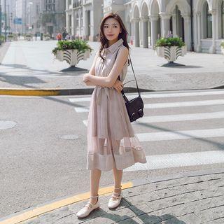 Check Sleeveless A-line Midi Shirt Dress