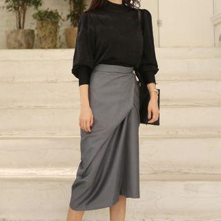 Set: 3/4-sleeve Mock-neck Top + Midi A-line Skirt