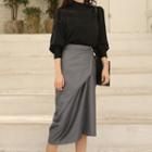 Set: 3/4-sleeve Mock-neck Top + Midi A-line Skirt