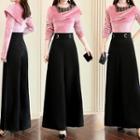 Set: Mesh Panel Velvet Long-sleeve Top + High Waist Wide-leg Pants