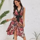 Lace Trim Paisley Print Asymmetric A-line Dress