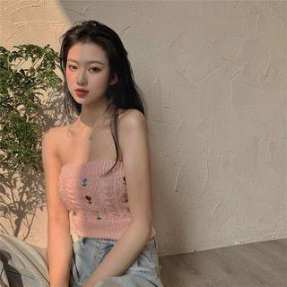 Strapless Floral Embroidered Knit Top Pink - One Size