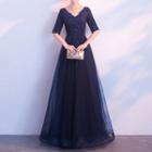 V-neck Elbow-sleeve A-line Evening Gown