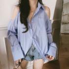 Long-sleeve Cold-shoulder Shirt Stripes - Blue - One Size