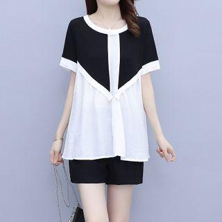 Set: Short-sleeve Two Tone Blouse + Shorts