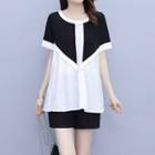 Set: Short-sleeve Two Tone Blouse + Shorts