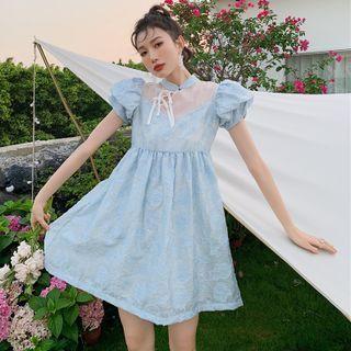 Puff-sleeve Mesh Panel Mini A-line Qipao Dress