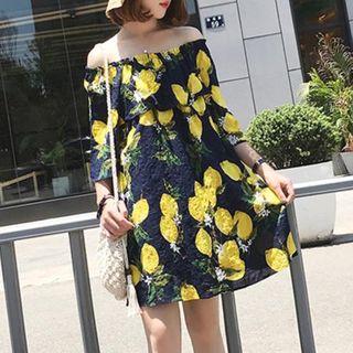 Off Shoulder 3/4 Sleeve Lemon Print Dress