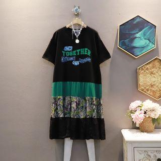 Short-sleeve Lettering Panel Lace Chiffon Dress