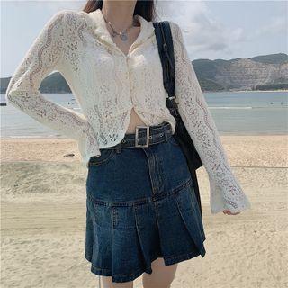 Long-sleeve Lace Cropped Blouse Almond - One Size