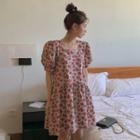 Puff-sleeve Flower Embroidered Mini Smock Dress Floral - Red - One Size