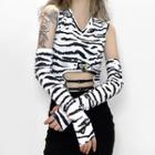 Set: Zebra Print Asymmetric Hem Sleeveless Crop Top + Zebra Print Fingerless Gloves
