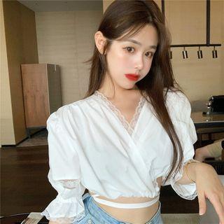 Puff-sleeve Lace Trim Drawstring Cropped Top White - One Size