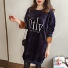 Lettering Embroidered Fleece Lined Velvet Long Pullover