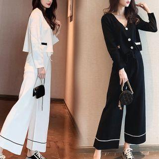 Set: V-neck Cropped Cardigan + Wide Leg Pants