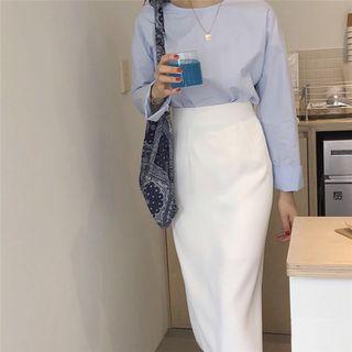 Crew-neck Blouse / High Waist Midi Straight-fit Skirt