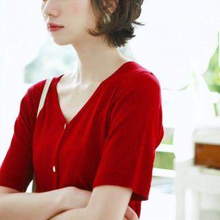 Buttoned Short-sleeve Rib Knit Top Red - One Size