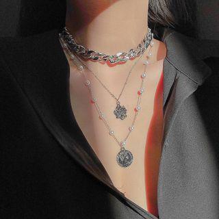 Faux Pearl Layered Pendant Chain Necklace Silver - Silver