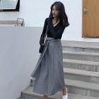 Set: Long-sleeve Knit Top + Striped Midi A-line Skirt