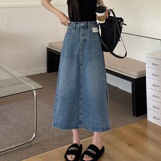 Applique Denim Midi A-line Skirt