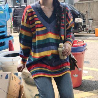 Distressed Striped V-neck Sweater