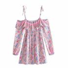 Long-sleeve Floral Print Cold-shoulder Mini A-line Dress