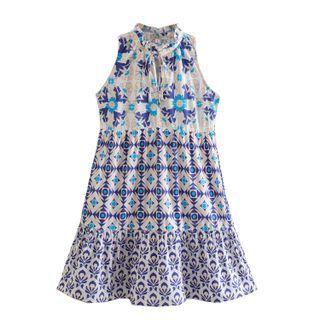 Sleeveless All-over Print Tie-neck Midi Smock Dress