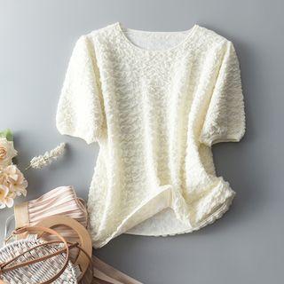 Short-sleeve Round-neck Jacquard Ruched Knit Top