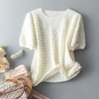 Short-sleeve Round-neck Jacquard Ruched Knit Top