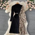 Stand-collar Leopard Print Panel Knit A-line Dress