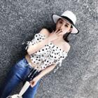 Dotted Off Shoulder Short Sleeve Chiffon Blouse