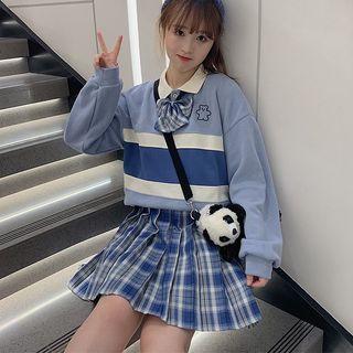 Polo Sweatshirt / Bow / Plaid Pleated Skirt / Set