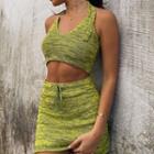 Set: Halter-neck Knit Cropped Camisole Top + Mini Fitted Skirt