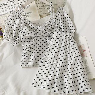 Set: Heart-print Ribbon Crop Top + Mini Skirt