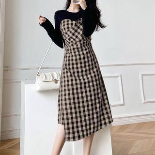 Mock Two-piece Gingham Midi A-line Dress