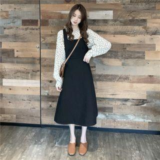 Dotted Blouse / Cross Strap Midi Overall Dress