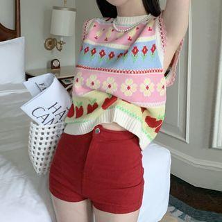 Sleeveless Flower Print Knit Top Pink & Blue & Yellow - One Size