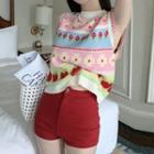 Sleeveless Flower Print Knit Top Pink & Blue & Yellow - One Size