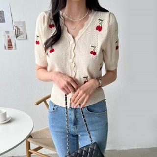 Cherry-embroidered Perforated Cardigan