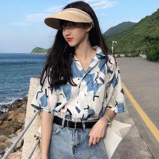 Elbow-sleeve Abstract Print Open-collar Shirt