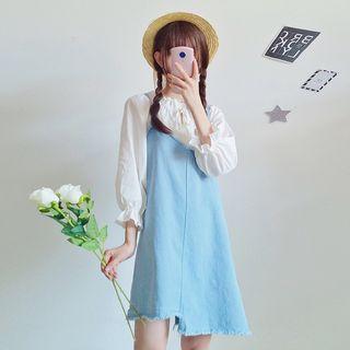 Frill Collar Blouse / Denim Pinafore Dress