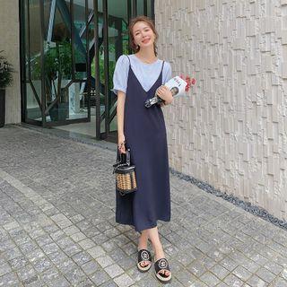 Set: Short-sleeve Plain Blouse + Midi Overall Dress
