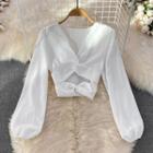 Puff Sleeve V-neck Knot Crop Blouse White - One Size