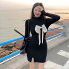 Long-sleeve Turtleneck Bow-accent Slim-fit Knit Dress Black - One Size