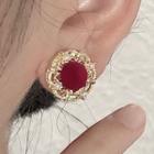 Floral Stud Earring 1 Pair - 2450a - Silver Pin - Flower - Red - One Size