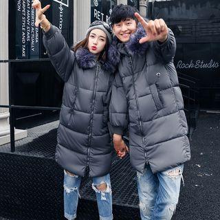 Couple Matching Faux-fur Trim Hooded Long Padded Coat