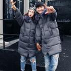 Couple Matching Faux-fur Trim Hooded Long Padded Coat