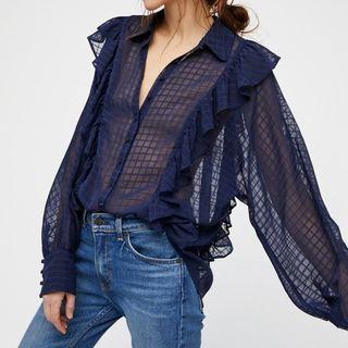 Long Sleeve Sheer Ruffled Blouse