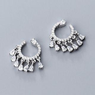 925 Sterling Silver Rhinestone Fringed Earring Silver - One Size
